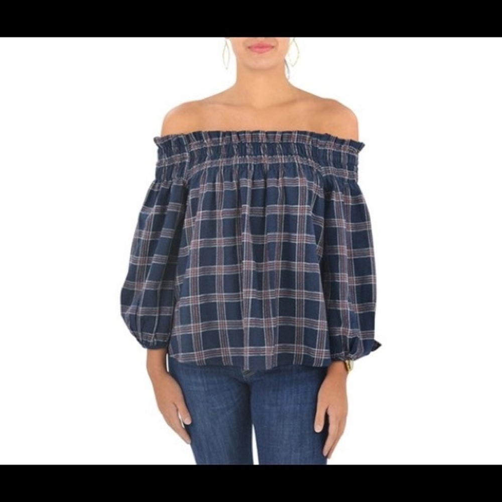 PPLA Darma navy off the shoulder plaid shirt